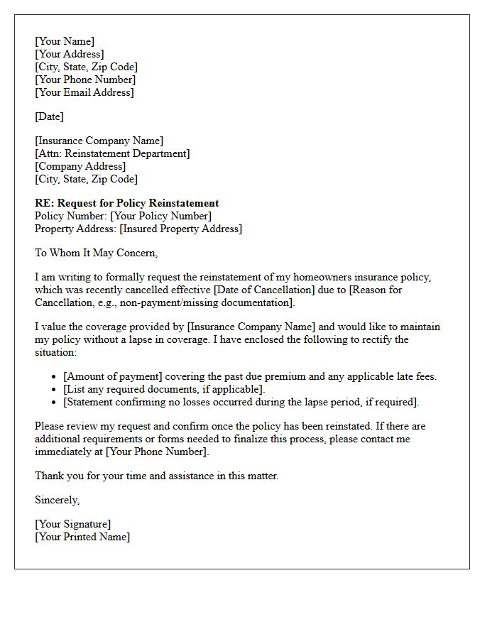 Standard Homeowners Insurance Policy Reinstatement Letter