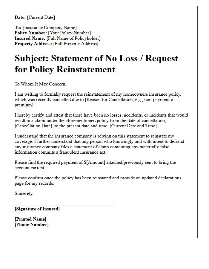 Statement Of No Loss Homeowners Insurance Policy Reinstatement Letter