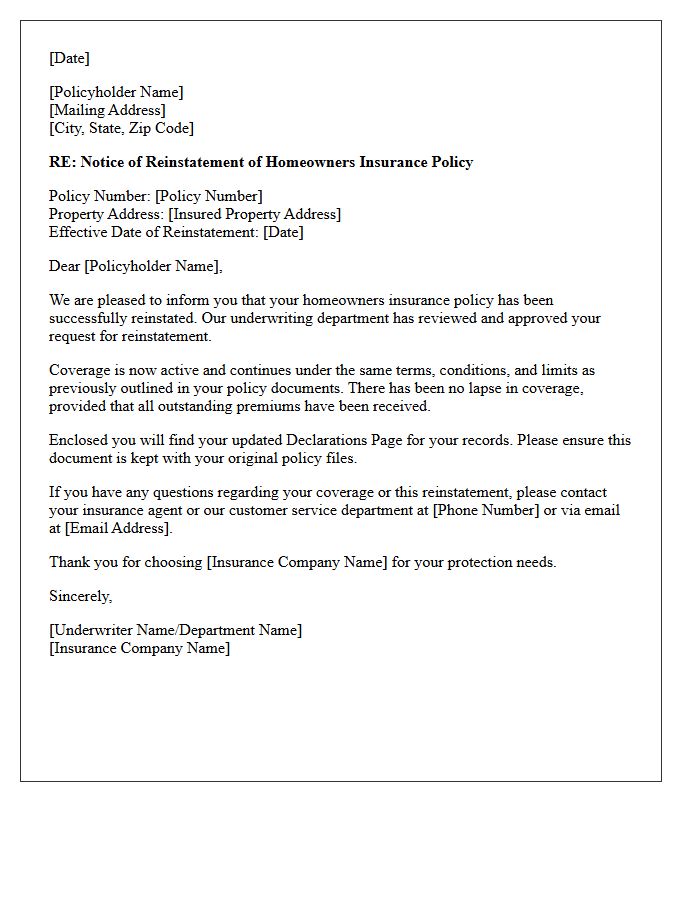 Underwriting Approval Homeowners Insurance Policy Reinstatement Letter