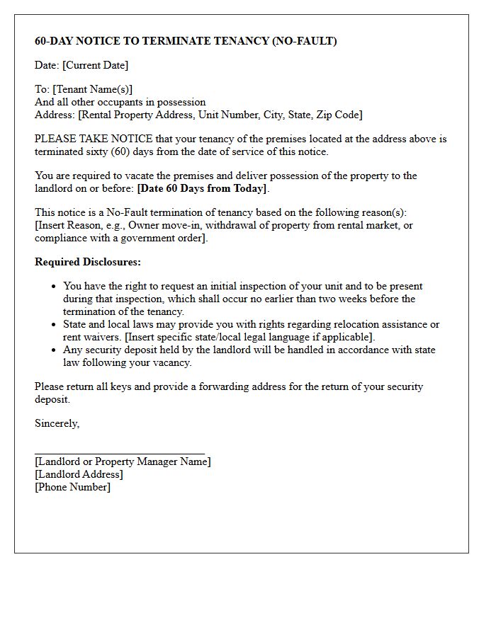 No-Fault Sixty-Day Notice to Terminate Tenancy Letter