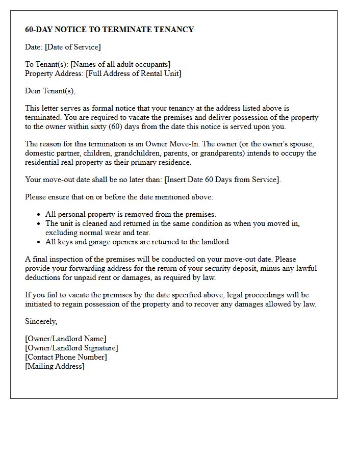 Owner Move-In Sixty-Day Tenancy Termination Notice Letter