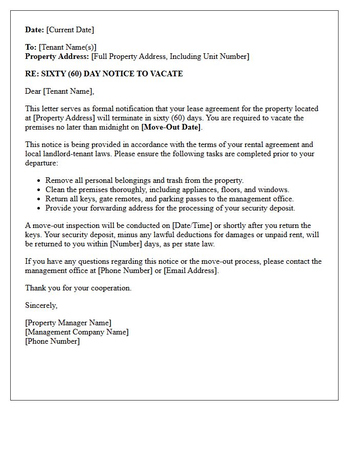 Property Management Sixty-Day Notice to Vacate Letter