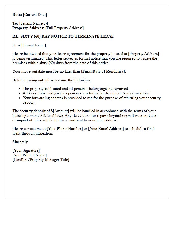 Residential Property Sixty-Day Lease Termination Notice Letter
