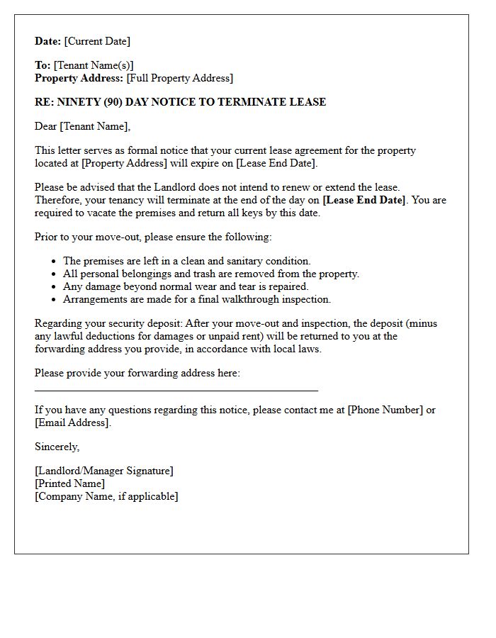 Ninety-Day Lease Expiration And Tenancy Termination Notice Letter