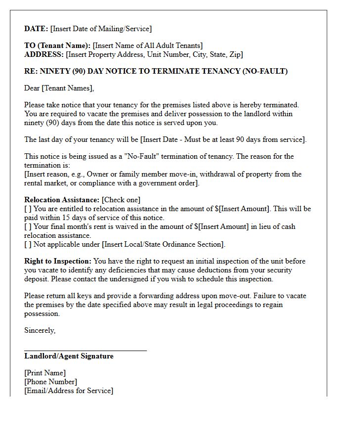 No-Fault Ninety-Day Notice To Terminate Long-Term Tenancy Letter