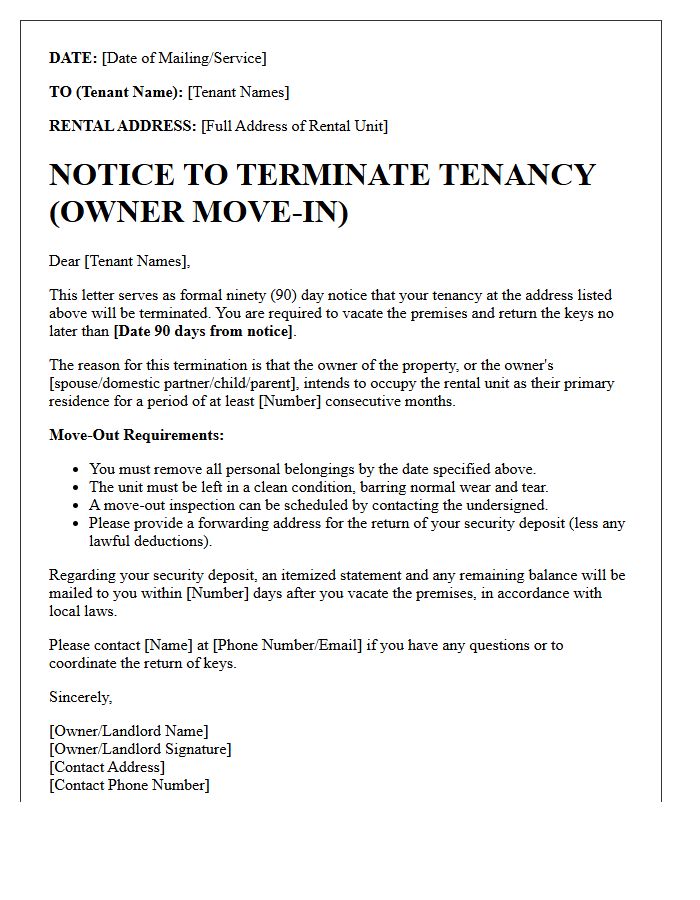 Owner Move-In Ninety-Day Tenancy Termination Notice Letter