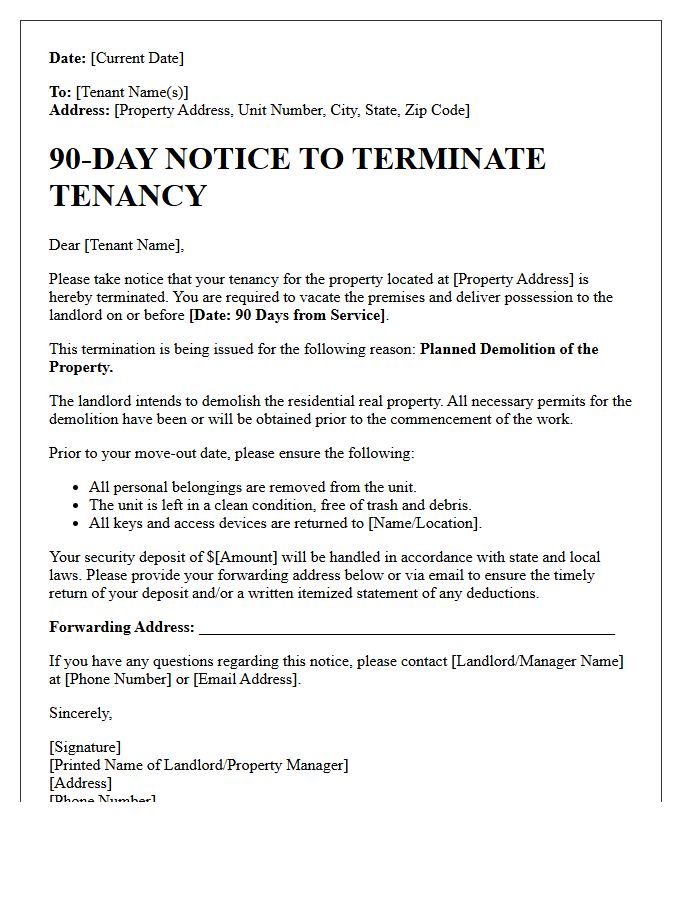 Property Demolition Ninety-Day Tenancy Termination Notice Letter