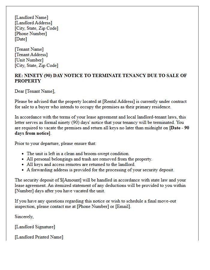 Property Sale Ninety-Day Notice To Terminate Tenancy Letter