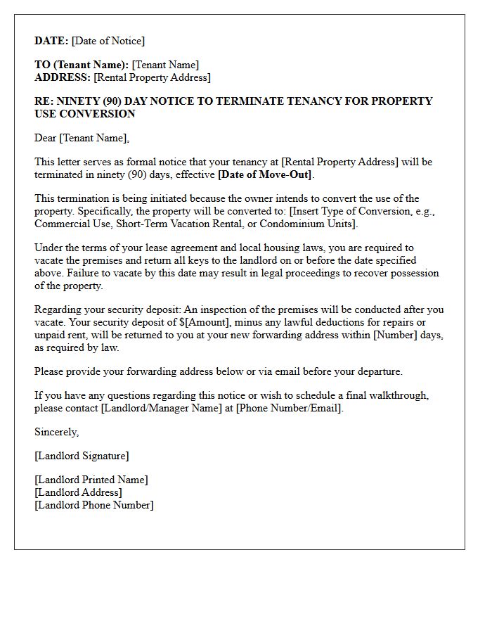 Property Use Conversion Ninety-Day Tenancy Termination Letter