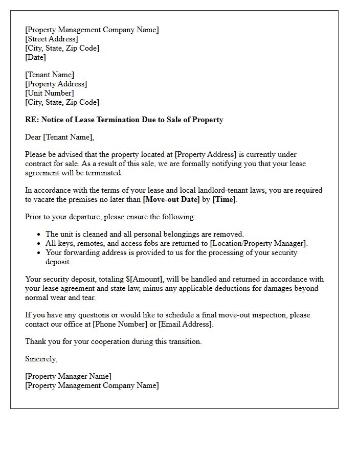 Property Management Lease Termination Letter Due to Sale