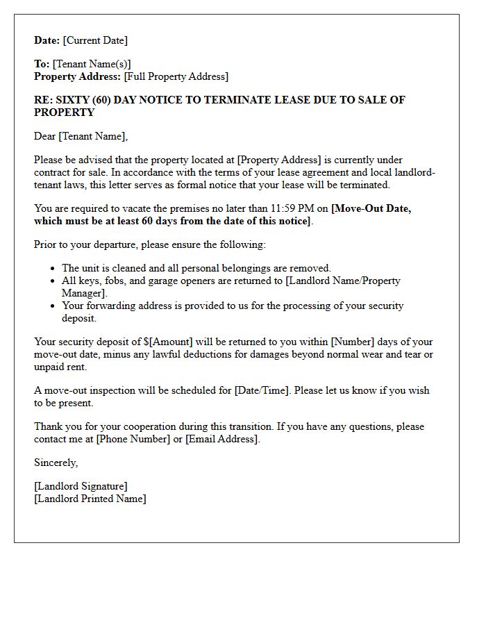 Sixty-Day Notice Letter of Lease Termination Due to Property Sale