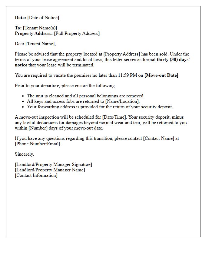 Thirty-Day Notice Letter of Lease Termination Due to Sale