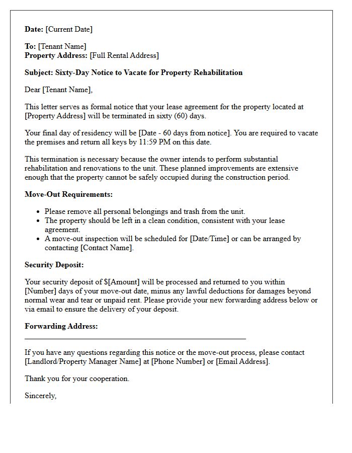 Sixty-Day Notice Letter for Lease Termination and Property Rehabilitation