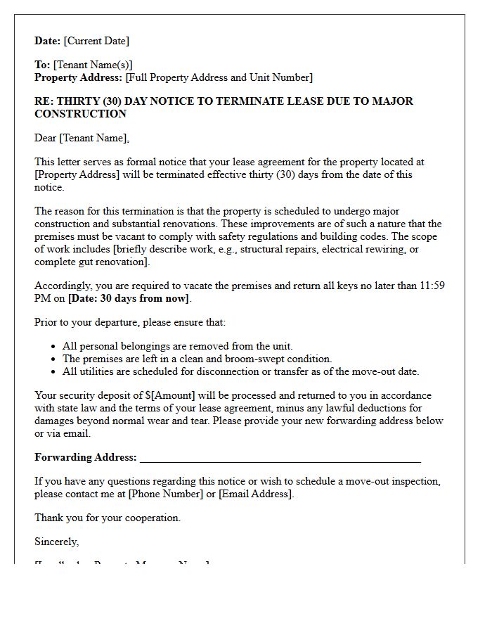 Thirty-Day Notice Letter of Lease Termination for Major Property Construction