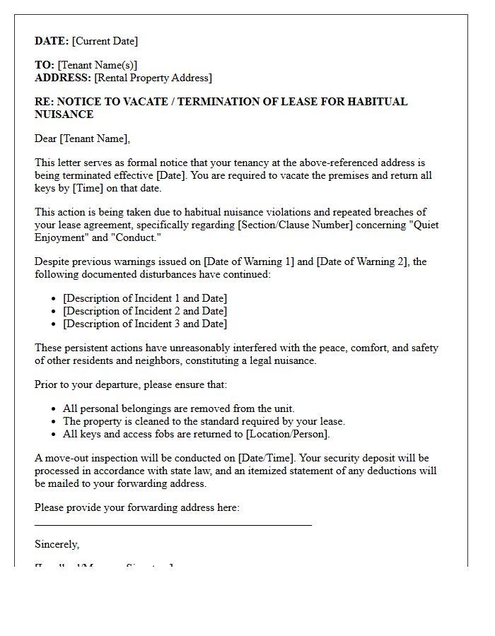 End of Tenancy Letter for Habitual Nuisance Violations
