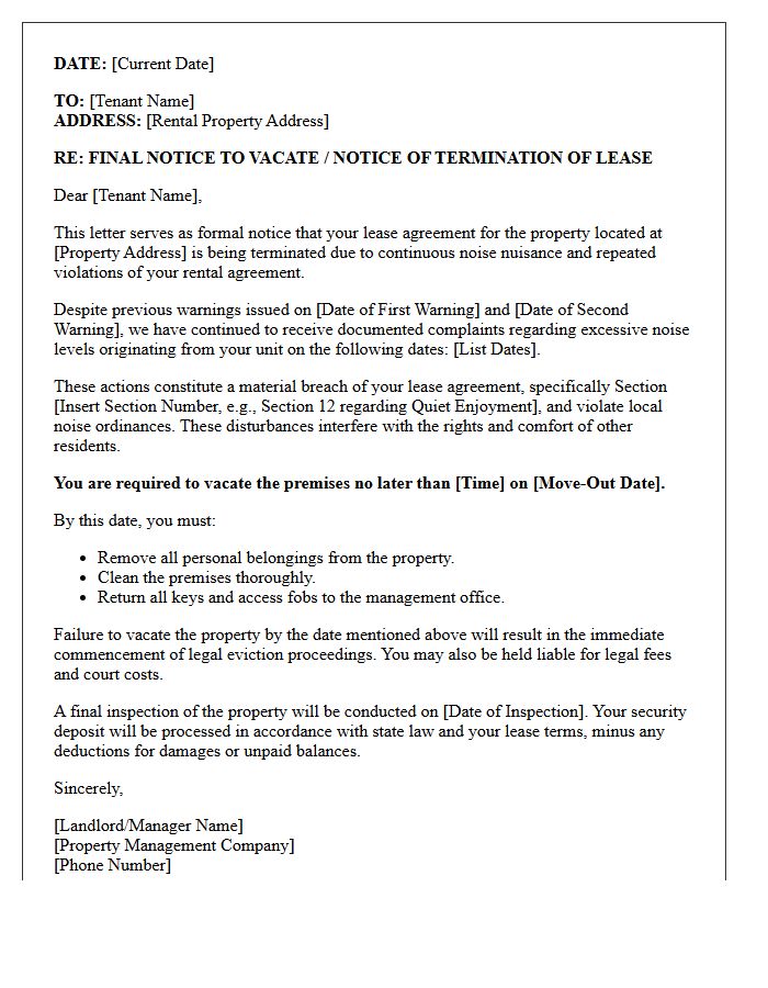 Final Eviction Letter for Continuous Noise Nuisance