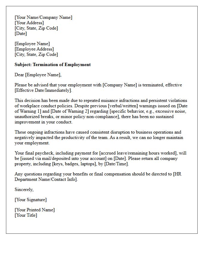 Formal Termination Letter for Repeated Nuisance Infractions
