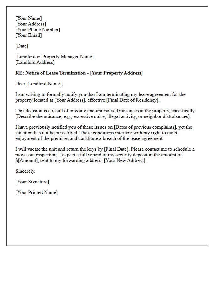 Lease Agreement Termination Letter Due to Property Nuisance
