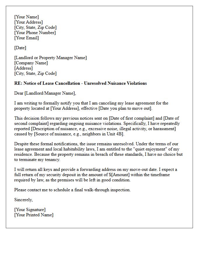 Lease Cancellation Letter for Unresolved Nuisance Violations