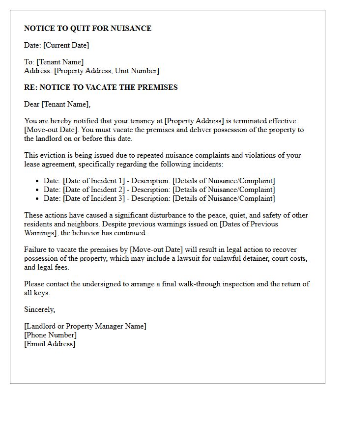 Notice of Eviction Letter Due to Multiple Nuisance Complaints