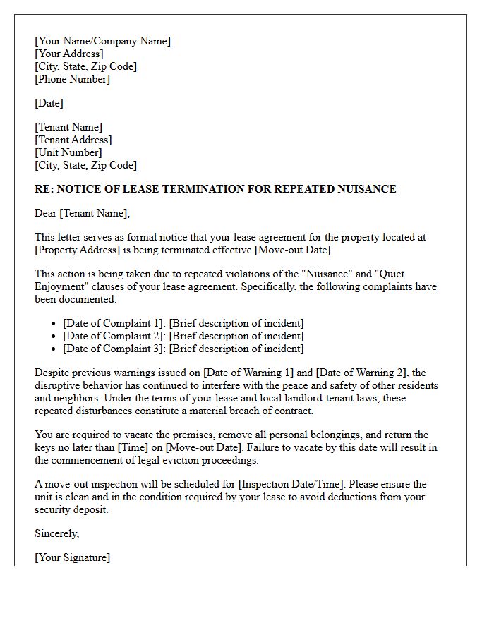 Notice of Lease Termination Letter for Repeated Nuisance Complaints