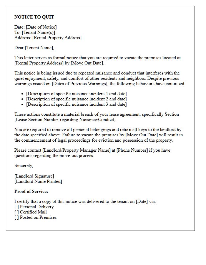 Notice to Quit Letter for Repeated Tenant Nuisance