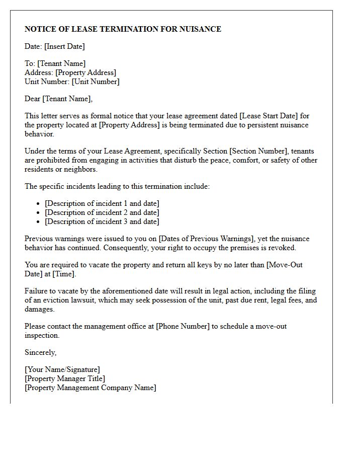 Property Management Letter for Nuisance Lease Termination