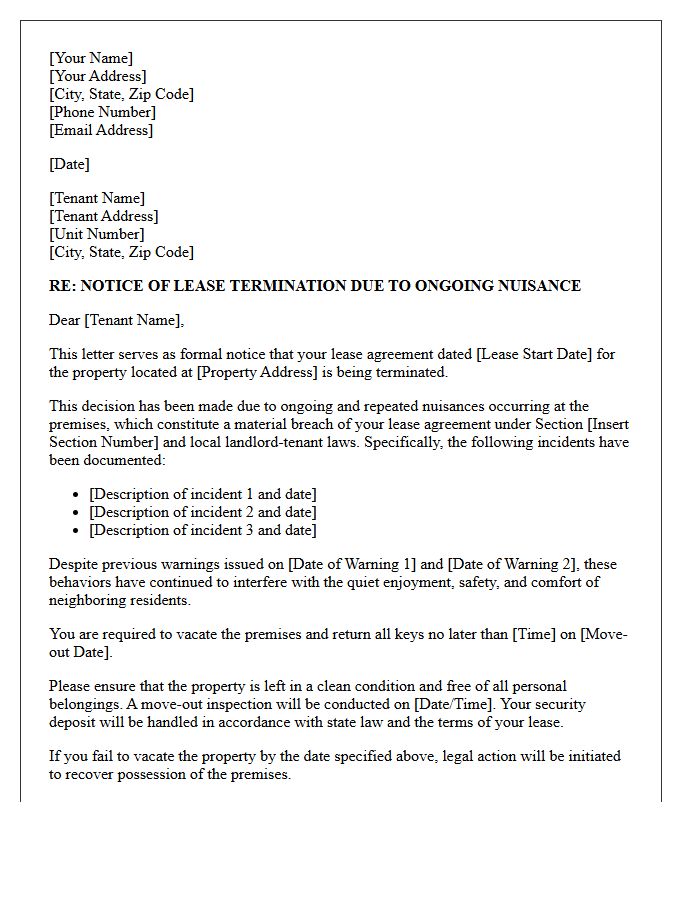 Residential Lease Termination Letter for Ongoing Nuisance
