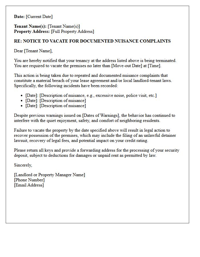 Tenant Eviction Letter for Documented Nuisance Complaints