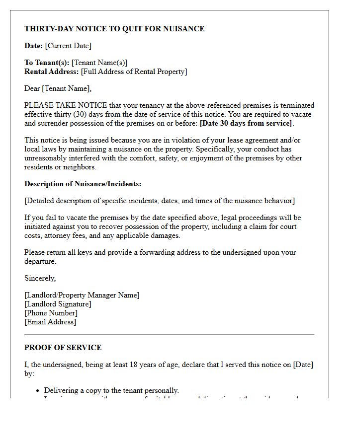 Thirty-Day Notice Letter for Nuisance Lease Termination