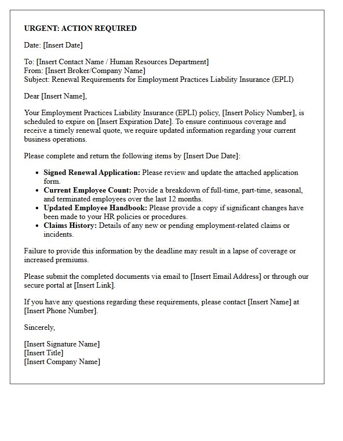 Action Required Letter for Employment Practices Liability Insurance Renewal