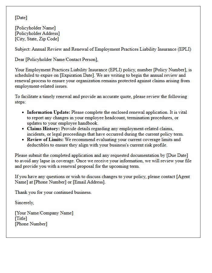 Annual Review and Renewal Letter for Employment Practices Liability