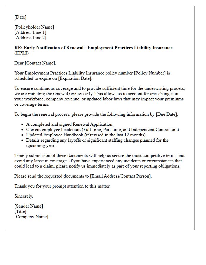 Early Notification Letter for Employment Practices Liability Policy Renewal