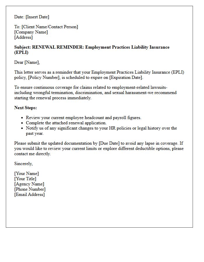 Employment Practices Liability Insurance Renewal Reminder Letter