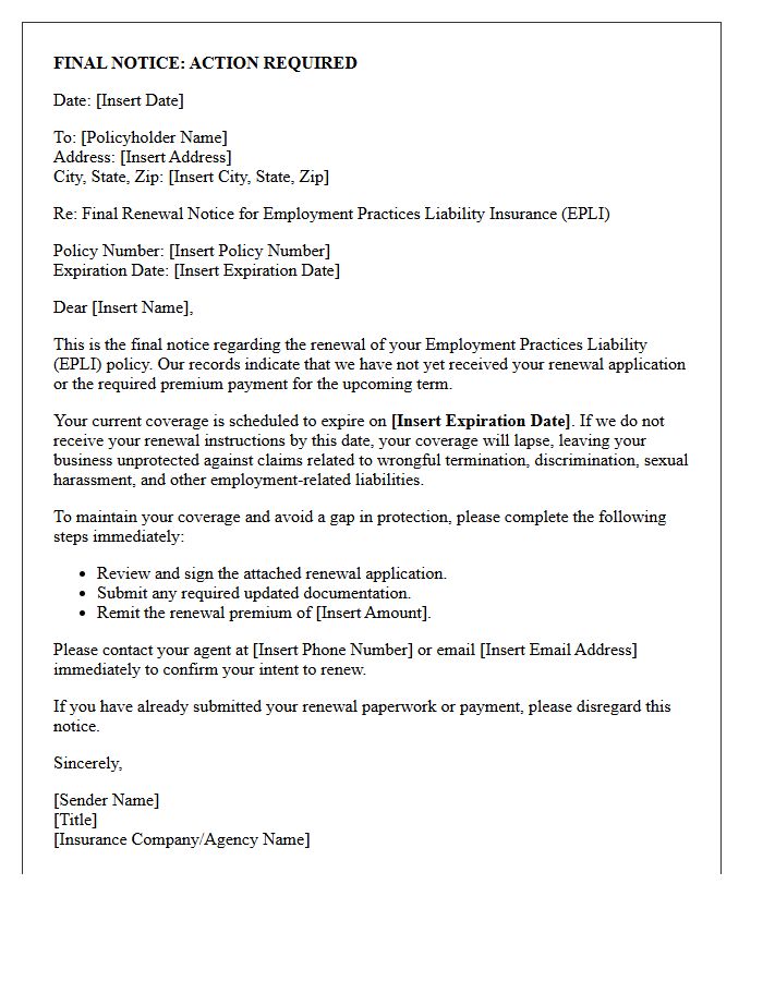 Final Notice Letter for Employment Practices Liability Policy Renewal