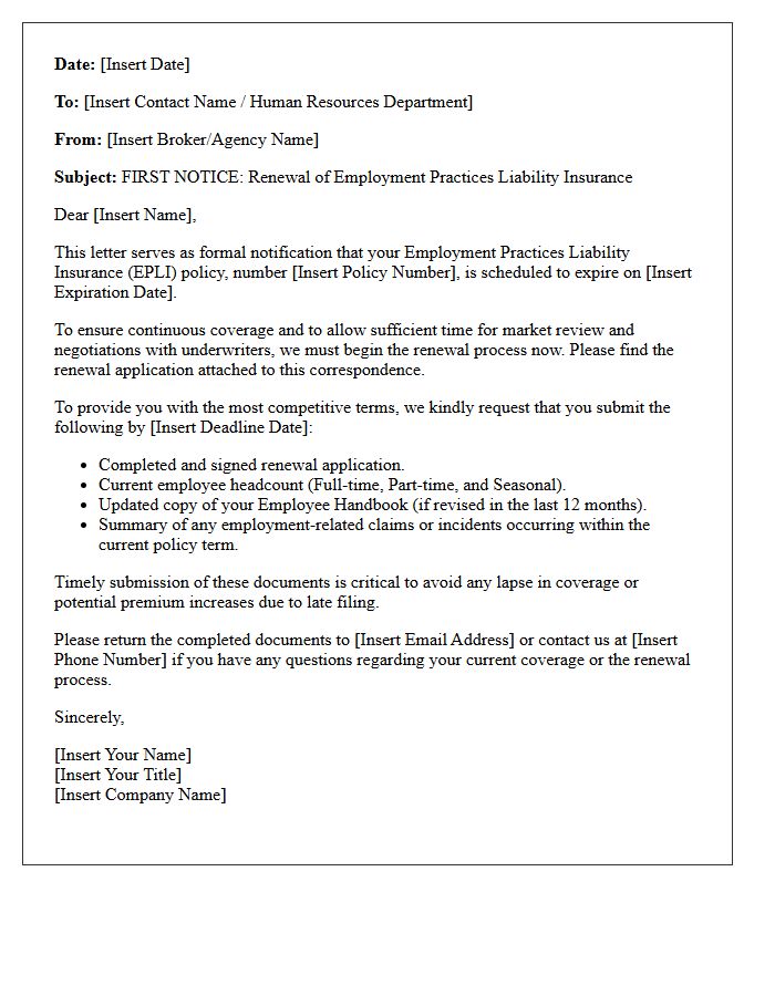 First Notice Letter for Employment Practices Liability Renewal