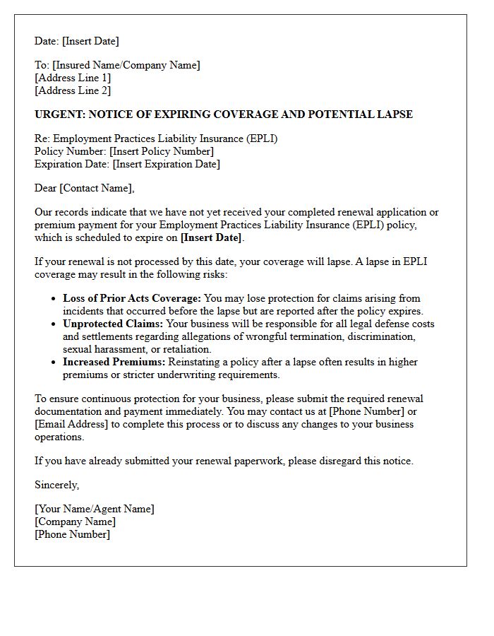 Lapsed Coverage Warning Letter for Employment Practices Liability Renewal