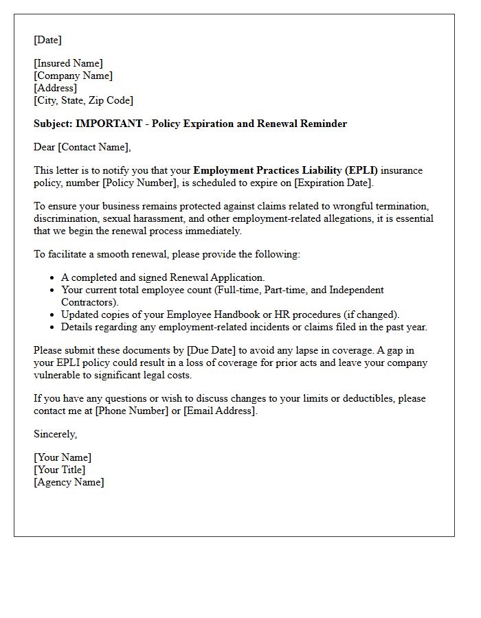 Policy Expiration and Renewal Reminder Letter for Employment Practices Liability