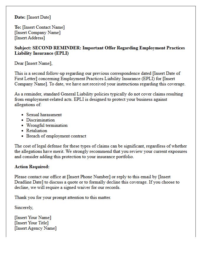 Second Reminder Letter for Employment Practices Liability Coverage