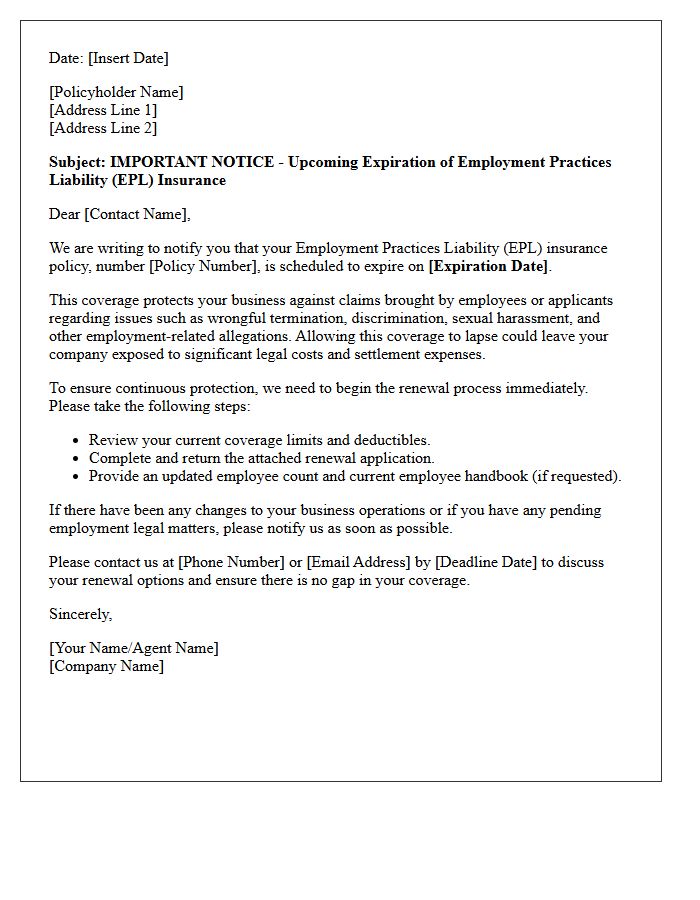 Upcoming Expiration Letter for Employment Practices Liability Coverage