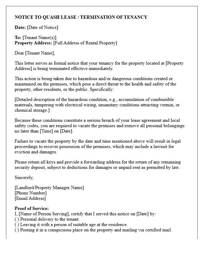 Eviction Notice Letter for Hazardous Property Conditions