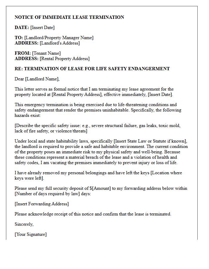 Immediate Lease Termination Letter for Life Safety Endangerment