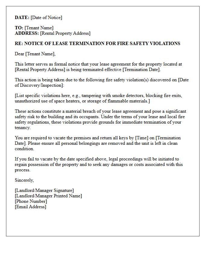 Landlord Notice Letter of Termination for Fire Safety Violations