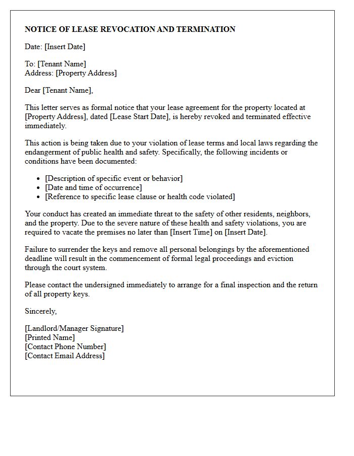 Lease Revocation Letter for Endangering Public Health and Safety