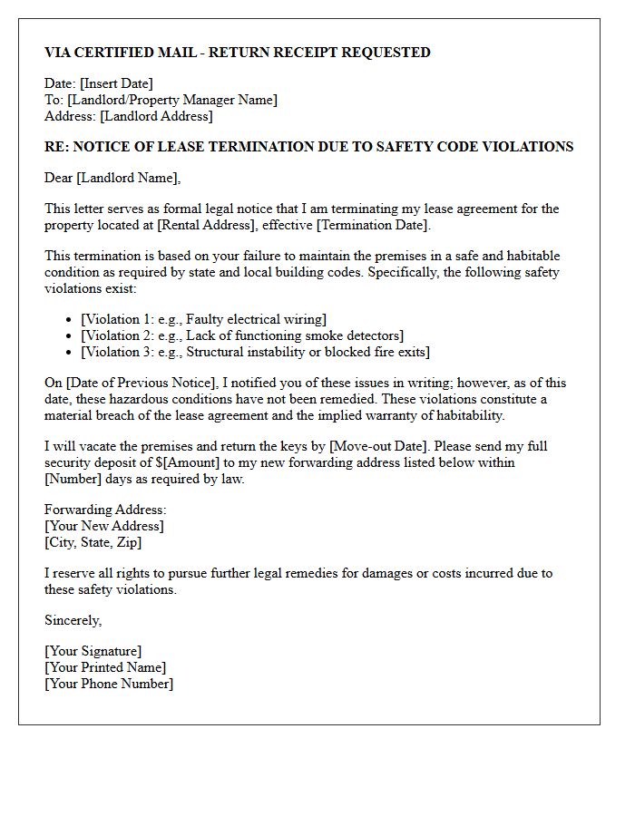 Legal Notice Letter for Lease Termination Regarding Safety Code Violations