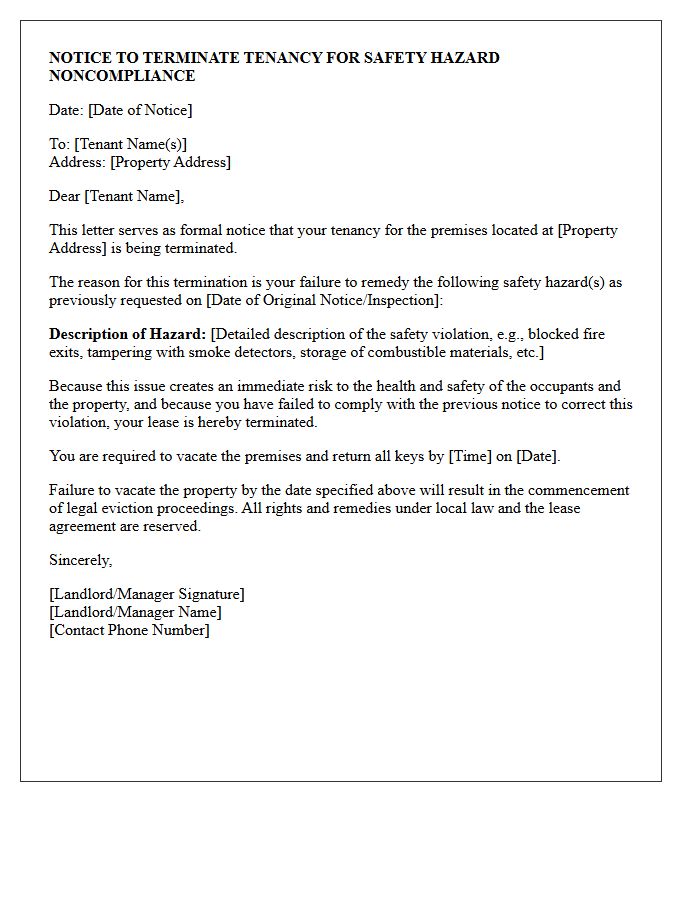 Notice Letter Terminating Tenancy for Safety Hazard Noncompliance
