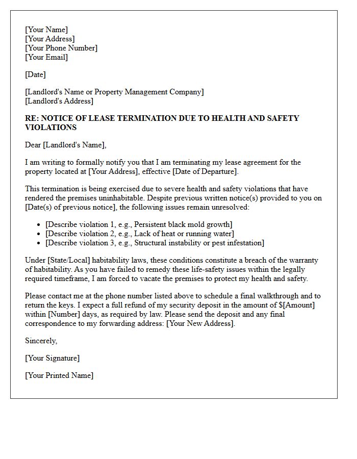 Notice of Lease Termination Letter for Severe Health and Safety Violations