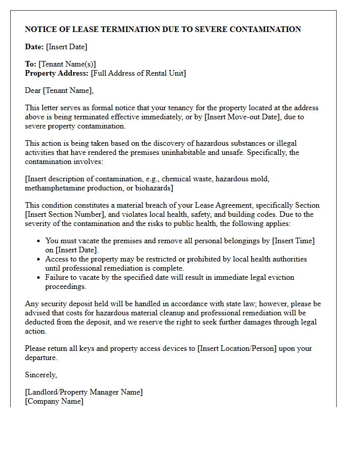 Notice of Tenancy Termination Letter for Severe Property Contamination