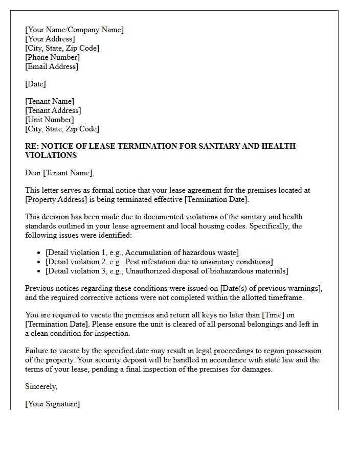 Official Letter of Lease Termination for Sanitary and Health Violations
