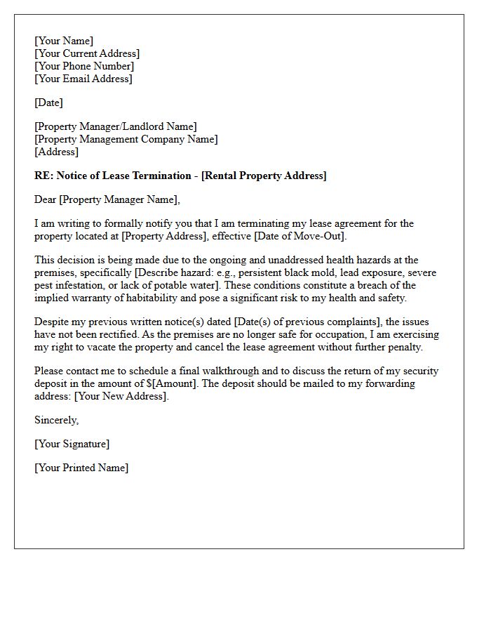 Property Management Letter for Lease Cancellation Due to Health Hazards